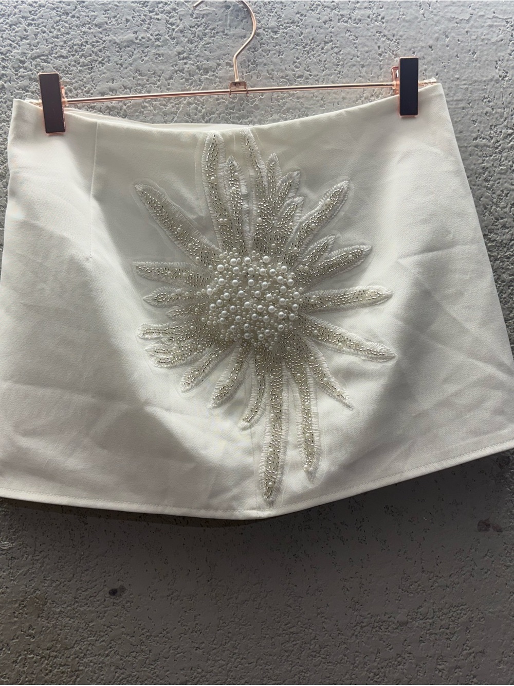 Missguided White Mini Skirt with Pearl Sunburst Applique
